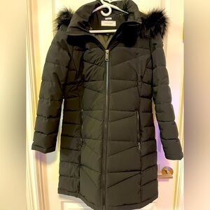 Womens Calvin Klein Black Puffer Long Winter Coat Faux Fur Hood Size Large